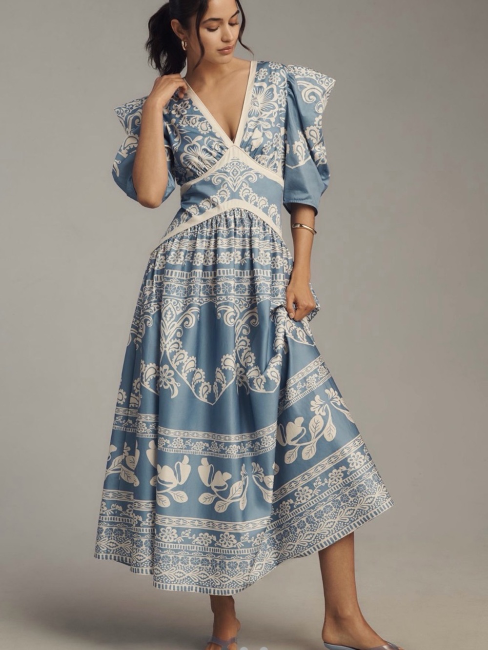 Farm Rio x Anthropologie Printed V-Neck Puff-Sleeve Maxi Dress